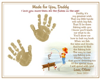 Daddy Teach Me To Fish~PERSONALIZED Poem 8x10 Print~Baby/Child Handprints Hand Print Birthday Gift~New Daddy First Father's Day