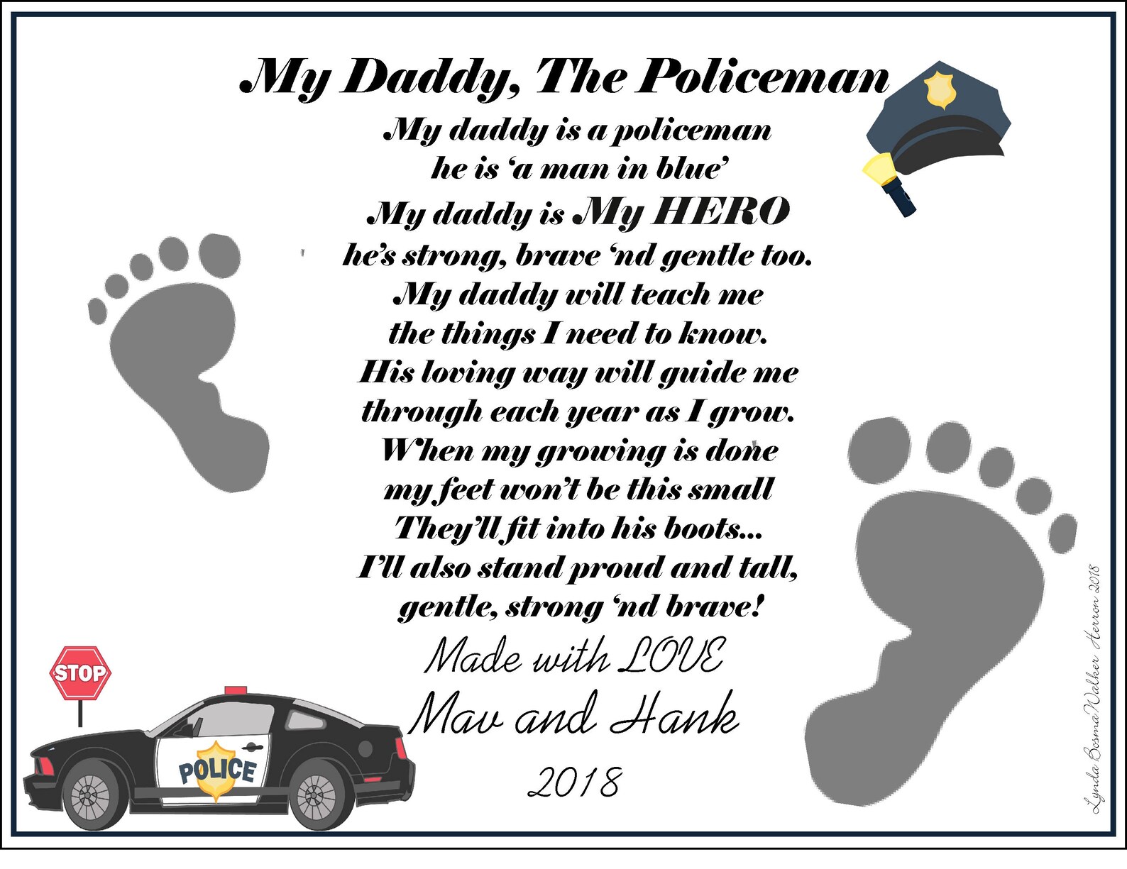 Daddy My Hero Policeman Poem Baby / Child Footprint PERSONALIZED Print