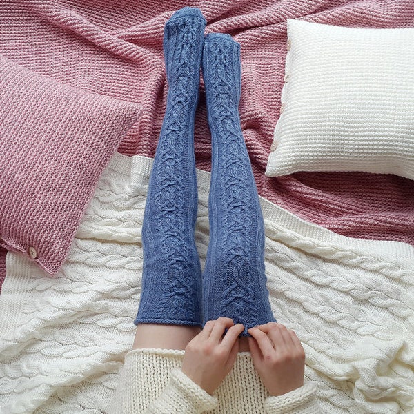 20% OFF Over Knee High Cable Knit Thick Wool Socks, Jeans Blue