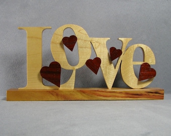 Love sign with hearts, handmade 3D word art, freestanding for shelf or desk display, solid wood, Valentine or Anniversary gift!