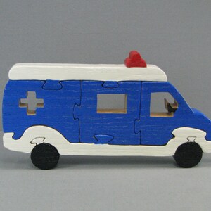 Ambulance freestanding 3D jigsaw puzzle for play or shelf display, hand painted and finished scroll sawn solid oak wood Montessori toy