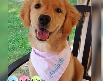 Personalized Dog Bandana - Pink Seersucker Pet Bandanas - Best Monogrammed Custom Puppy Dogs Gifts by Three Spoiled Dogs