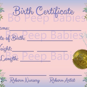 Digitale download geboorteakte voor Reborn Baby Doll hoge kwaliteit png en jpeg