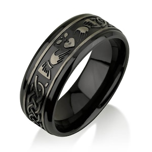 Black Zirconium Celtic Irish Claddagh Ring Hands Clasping Heart Band Carved Claddagh Black Zirconium Ring, Black Zirconium Wedding Band