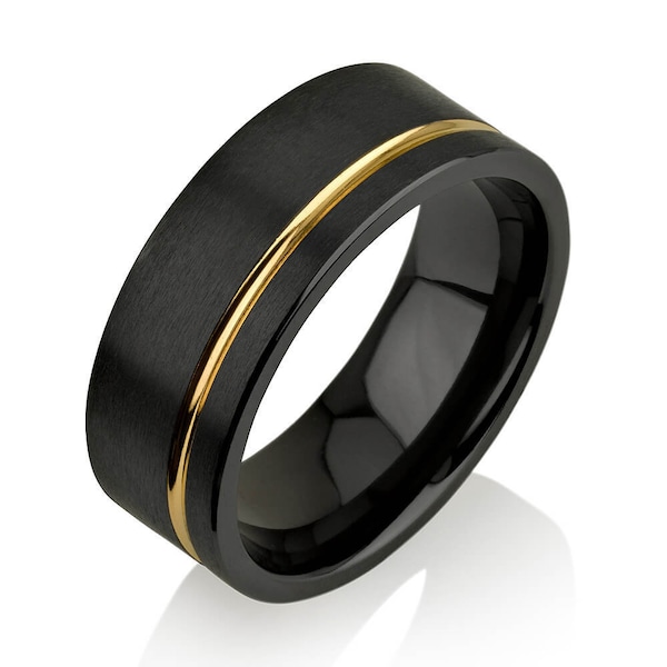 Mens Wedding Bands - Black Zirconium With 14k Gold. Black Wedding Rings, Black Wedding Bands, Black Ring
