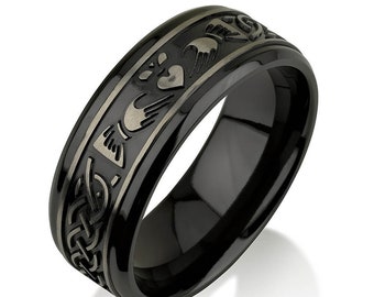 Black Zirconium Celtic Irish Claddagh Ring Hands Clasping Heart Band Carved Claddagh Black Zirconium Ring, Black Zirconium Wedding Band
