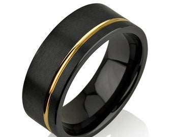 Men's Wedding Band Black Zirconium Yellow Gold Stripe Ring Yellow Gold Black Zirconium Ring Black Zirconium Wedding Band, Men's Wedding Band