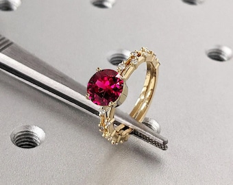 Red Lab Grown Ruby Unique Women Proposal Commitment Ring Set | 14K 18K Yellow Gold Distance Band Round Diamond Personalized Eternity Band