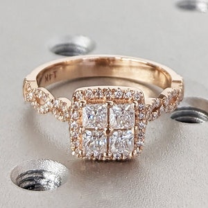 Quad Princess cut diamond engagement ring Unique rose gold engagement ring Dainty diamond bridal ring Twist promise ring anniversary gift