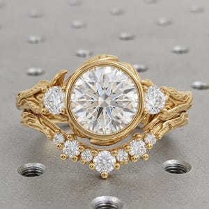 Round Lab Grown Diamond Engagement Ring, Vintage 14k Solid Gold Bezel Set Ring, Twig Wedding Bridal Sets, Nature Jewelry, Unique Flower Ring
