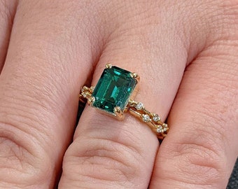 May Birthstone Green Lab Emerald Women Wedding Anniversary Ring | Solid Gold, Platinum Knife Edge Matching Moissanite Eternity Bridal Band
