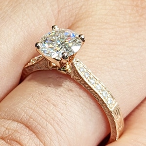 Vintage Engagement Ring 14k gold hand engraved ring, moissanite engagement ring, vintage ring, hand engraving