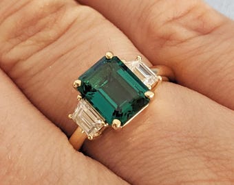 Emerald Cut Green Emerald Ring | Three Stone Emerald Engagement Ring with Trapezoid Moissanites | 14K Yellow Gold