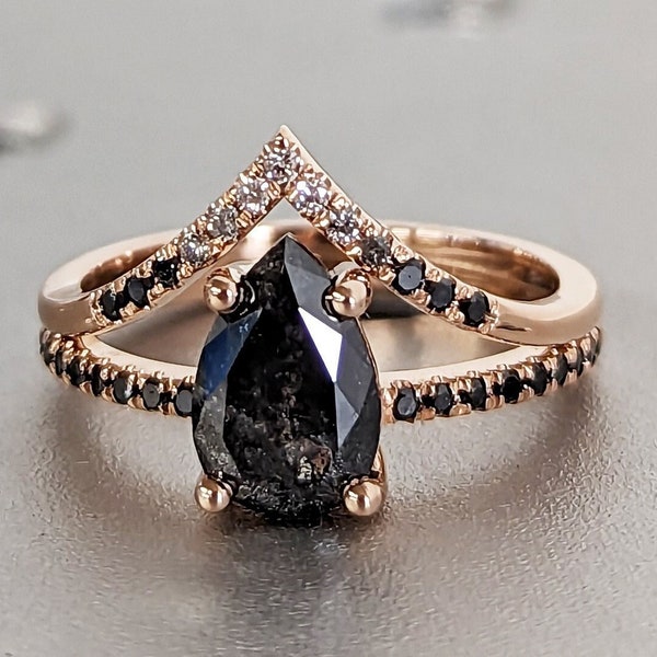 1.25 Carat 1920's Raw Salt and Pepper Diamond, Pear Diamond Ring, Unique Engagement Bridal Set, Black, Gray Pear 14k Yellow, Rose White Gold