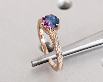 Blue Purple Alexandrite Vintage Engagement Ring | 14K 18K Rose Gold Diamond Hidden Halo Ring | Unique Proposal Ring | Wedding Ring for Her