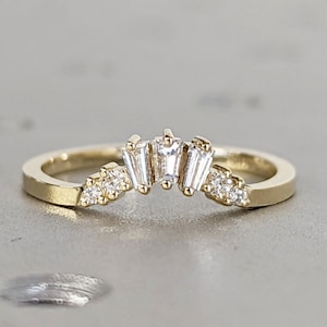 Baguette diamond moissanite wedding band Curved wedding band Yellow gold band Vintage Antique Matching stacking band Bridal Anniversary band