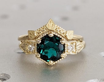 Emerald Ring Vintage Emerald Engagement Ring 14K Yellow Gold Ring Gift Unique Antique Wedding Promise Anniversary Ring For Her Birthstone