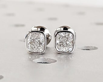 Lab Grown Diamond Cushion Cut Stud Earrings, 18k White Gold Earrings, Bezel Set Diamond Earrings, La Pousette Backs, Everyday Bridal Jewelry