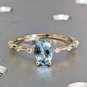 Vintage aquamarine engagement ring yellow gold oval shaped ring diamond/moissanite unique wedding bridal ring Anniversary Promise ring