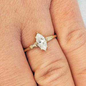 Marquise Engagement Ring, Moissanite Rings for Women, 14k Yellow Gold Statement Ring, Unique Wedding Ring, Art Deco Tapered Baguette Ring