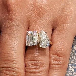 2.5 Carat Double Stone Engagement Ring Pear Cut and Emerald Cut Moissanite Two Stone Wedding Ring 14K White Yellow Rose Gold
