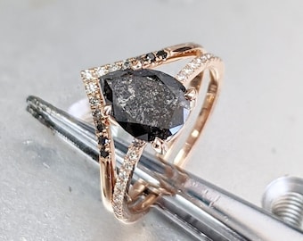 1.5 Carat 1920's Raw Salt and Pepper Diamond, Pear Diamond Ring, Unique Engagement Bridal Set, Black, Gray Pear, 14k Yellow, Rose White Gold