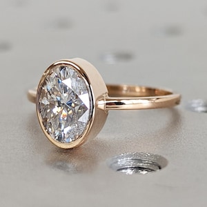 Oval Lab Diamond Bezel Set Ring | 1.5 CT Oval Colorless Lab Diamond Engagement Ring | Wedding Ring