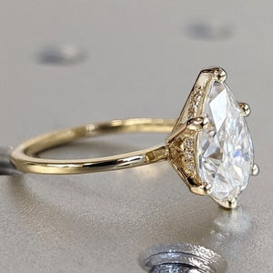 Hidden halo engagement ring, solitaire pear moissanite ring, Hidden Halo Pear Cut Solitaire Engagement Ring in 14K Yellow gold