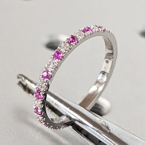 Pink Sapphire and Diamond Ring, 18K Gold Natural Diamond Sapphire Band, Micro Pave Wedding Band, Half Eternity Stackable Band, Gift for Her