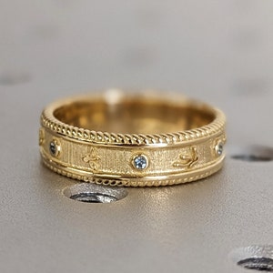 Cottagecore Aquamarine Solid Gold Men’s Women's Band Ring , 14K Gold Floral Wedding Ring, Unique Wedding Ring 14K Gold Flower Pattern Band