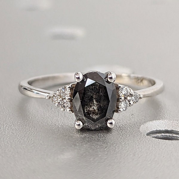 Vintage salt and pepper diamond engagement ring white gold engagement ring diamond cluster oval ring wedding Bridal Anniversary minimalist