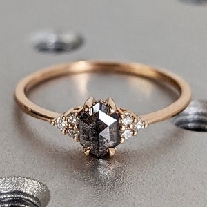 Vintage salt and pepper diamond engagement ring rose gold engagement ring diamond cluster ring wedding Bridal Anniversary Hexagon Cut