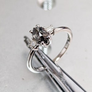 Raw Diamond Hexagon Tapered baguette Diamond, Salt and Pepper, Unique Bridal Engagement, Rose Cut Geometric Diamond Ring, Custom Handmade