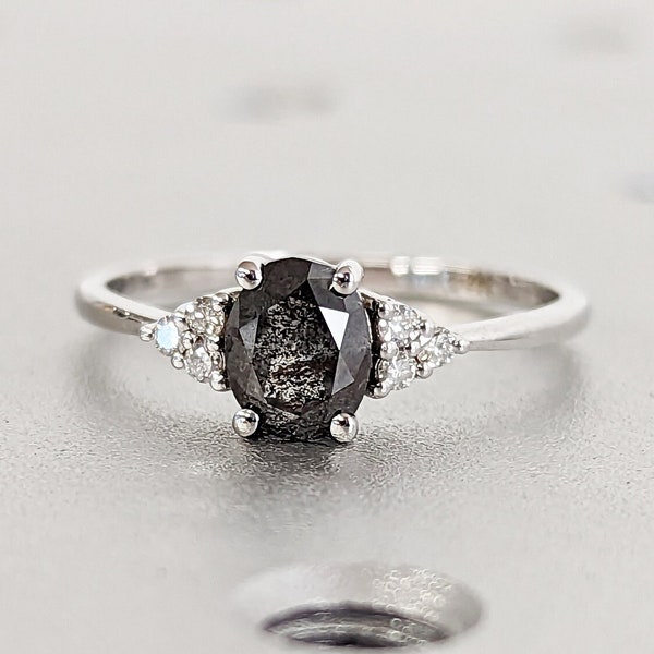 Vintage salt and pepper diamond engagement ring rose gold engagement ring diamond cluster oval ring wedding Bridal Anniversary