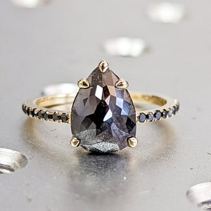 1.75 Carat 1920&#39;s Raw Salt and Pepper Diamond, Pear Diamond Ring, Unique Engagement Bridal , Black, Gray Pear 14k Yellow, Rose White Gold