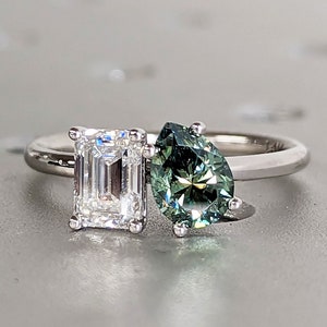 Pear And Emerald Cut Toi Et Moi Moissanite Ring / Green Pear Moissanite Engagement Ring / White Gold Anniversary Ring / Two Stone Ring
