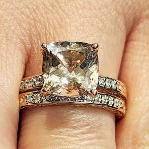 Cushion Cut Morganite Engagement Ring Set Rose Gold Pink Morganite Wedding Ring Set Diamond Filigree Carved Wedding Band Women Bridal Set