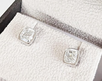 1ct Lab Grown Diamond Stud Earrings, Solid Gold Cushion Cut Diamond Bezel Earrings, Guardian Backs, Everyday Diamond Earrings