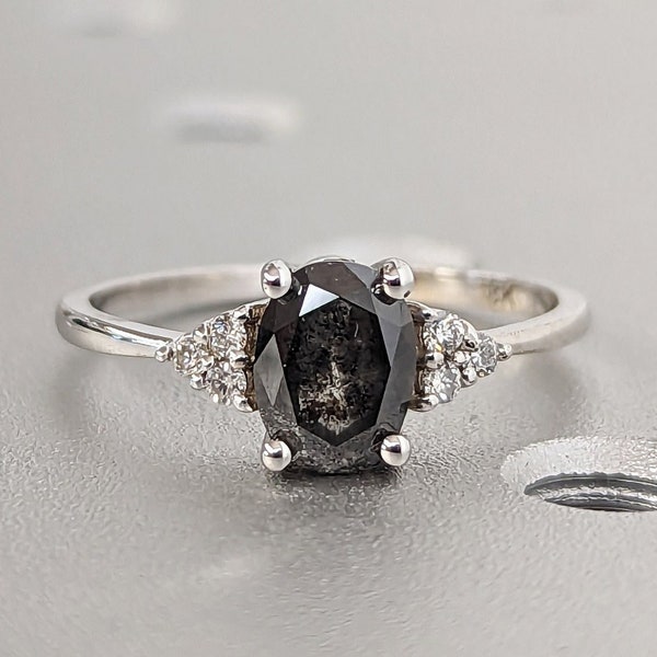 18K White Gold Oval Salt and Pepper Diamond Vintage Engagement Ring | Diamond Cluster Ring | Wedding Bridal Anniversary | Promise Ring