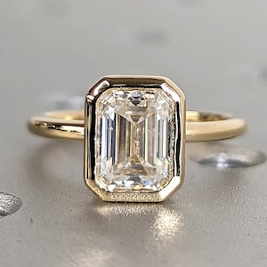1.5CT Emerald Cut Moissanite Solitaire Ring, 14K Yellow Gold Engagement Ring, Bezel Setting, Statement Ring, Gift For Her, Anniversary Ring