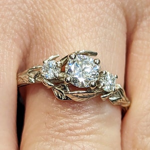 Nature Inspired Moissanite Engagement Ring Leaves Band Round Moissanite Diamond Wedding Ring Leaf Vine Branch Alternative Engagement Ring
