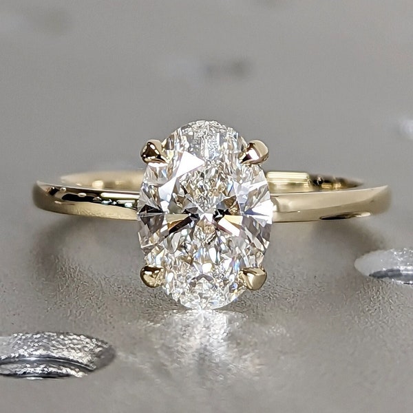 2cts Lab Diamond Oval Engagement Ring, Oval Lab Diamond and Solitaire Wedding Ring, Yellow Gold Lab Diamond Ring