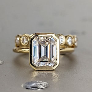 2CT Emerald Cut Moissanite Solitaire Ring, 14K Yellow Gold Engagement Ring, Bezel Setting, Statement Ring, Gift For Her, Bridal Set