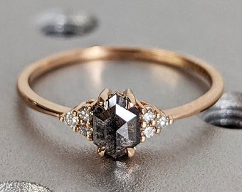 Vintage salt and pepper diamond engagement ring rose gold engagement ring diamond cluster ring wedding Bridal Anniversary Hexagon Cut