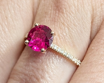 Vintage Ruby And Diamond Engagement Ring 14k Rose Gold Ruby Ring, Cathedral Setting, High Profile Prongs, Micro Pave , Petite Ring