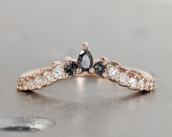 Curved wedding band solid gold,pear shaped diamond/Moissanite band Women Chevron Matching Stacking ring Unique band Promise Anniversary band