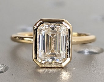 1.5CT Emerald Cut Moissanite Solitaire Ring, 14K Yellow Gold Engagement Ring, Bezel Setting, Statement Ring, Gift For Her, Anniversary Ring