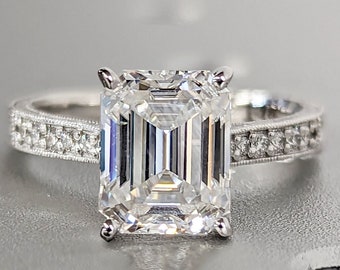 Emerald Cut Solitaire Engagement Ring, Emerald Cut Engagement Ring, Emerald Cut Ring, Solid 14k Moissanite Engagement Ring, Hand Engraving