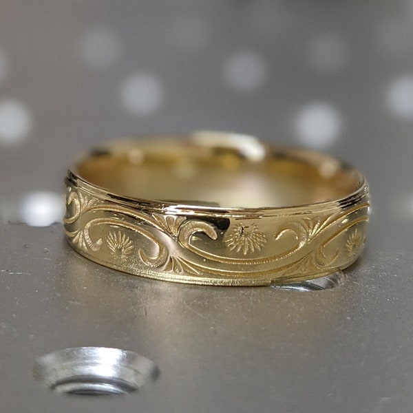 14K 18K Solid Gold Wedding Ring for Men & Women, 6mm Yellow Gold Mens Wedding Band, Hand Engraved Mens Wedding Ring, Engraved Rings Paisley