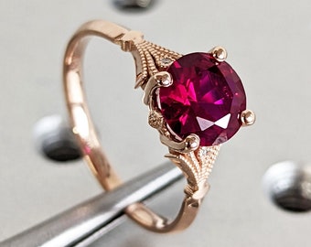 Vintage Ruby Engagement Ring 14k rose gold, Ruby Engagement Ring, Antique Round cut Bridal ring | Art deco Ring Milgrain wedding ring